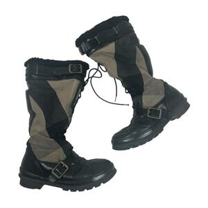 Burberry Black Leather & Brown/Red Mega Check Canvas Lace-Up Fur-Lined Boots